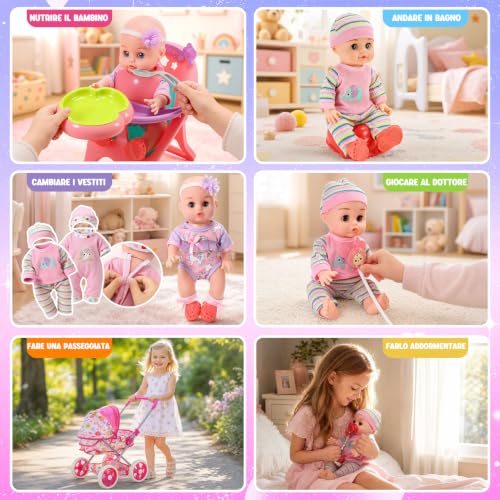 HappyGoLucky Baby Stroller with 28 cm Doll, Clothes and Accessories Dolls Roleplay Girl 3-7 Years Dolls Pram Gift Girl 2-8 Years Toys Child