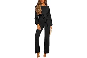 Addkaka Womens Long Lantern Sleeve Jumpsuit Belted Wide Leg Long Pant Romper
