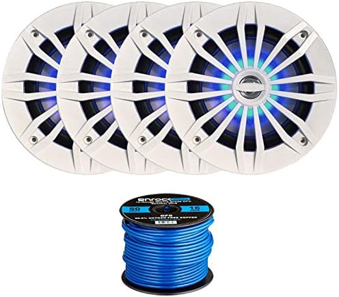 EnrockMarine 4 x 6.5" 2-Way 180W Marine Loudspeakers feat. Blue LED Light Flashing with Music (White), Enrock Marine-Grade 50Ft. 16-Gauge Tinned Speaker Wire