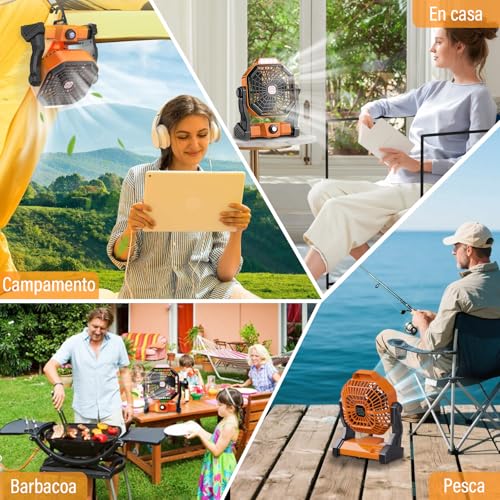 KIROGILY Ventilador Portatil, Abanico Portatil 10400 mAh, Ventilador Recargable con Luz LED y Gancho, Ventilador Camping 3 Niveles de Brillo, Ventilador de Escritorio para Camping, Viajes, Hogar