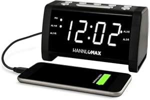 HANNLOMAX HX-147CR Alarm Clock Radio, PLL FM Radio, 1.4" White LED Display, USB Port for 2.1A Charging, Aux-in.