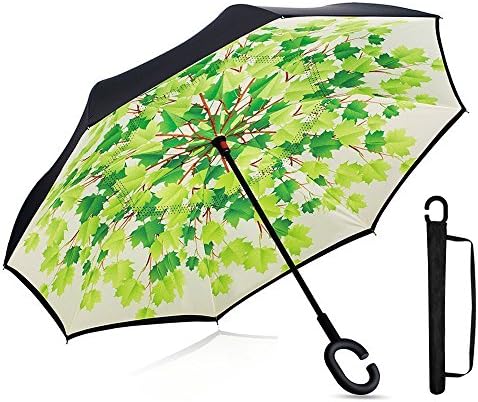 Inverted Umbrella,Double Layer Reverse Umbrella for Car and Outdoor Use by, Windproof UV Protection Big Straight Umbrella with C-Shaped Handle and Carrying Bag (Green leaf)