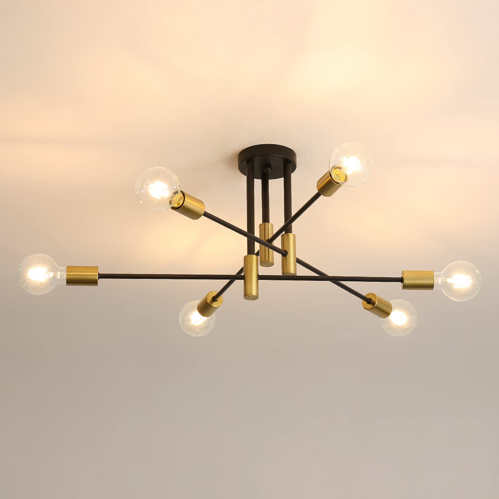 DAXGD Chandelier Sputnik Ceiling Light, 6 Light E27 Sputnik Ceiling Lamp, Semi-Flush Mount Chandelier Light Fixtures for Living Room, Bedroom, Dining Room, Kitchen, Black+Gold (Without Bulb)