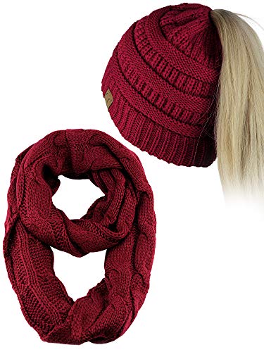 C.C BeanieTail Messy High Bun Cable Knit Beanie and Infinity Loop Scarf Set, Burgundy