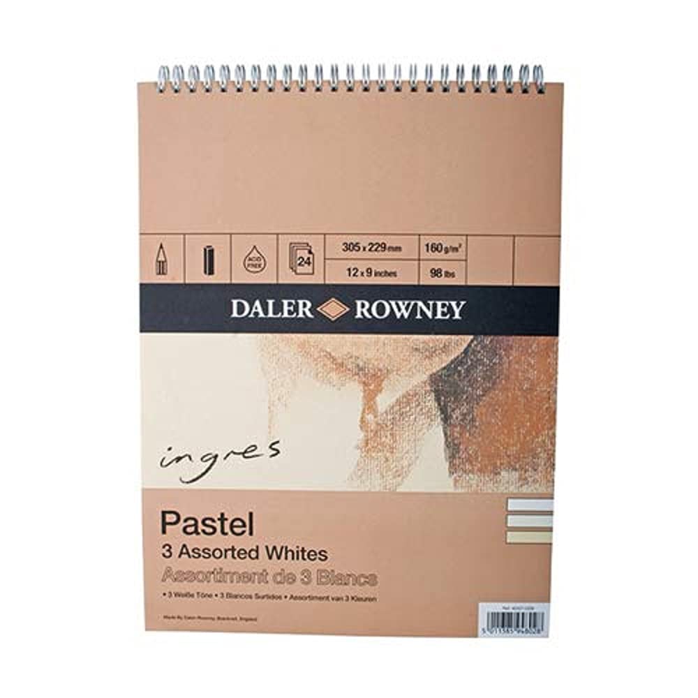 Daler-Rowney Ingres 160gsm 16 x 12in Pastel Paper Spiral Pad, Laid Texture, 3 Assorted Pastel Colours, 24 Sheets, Ideal for Professional Artists & Students