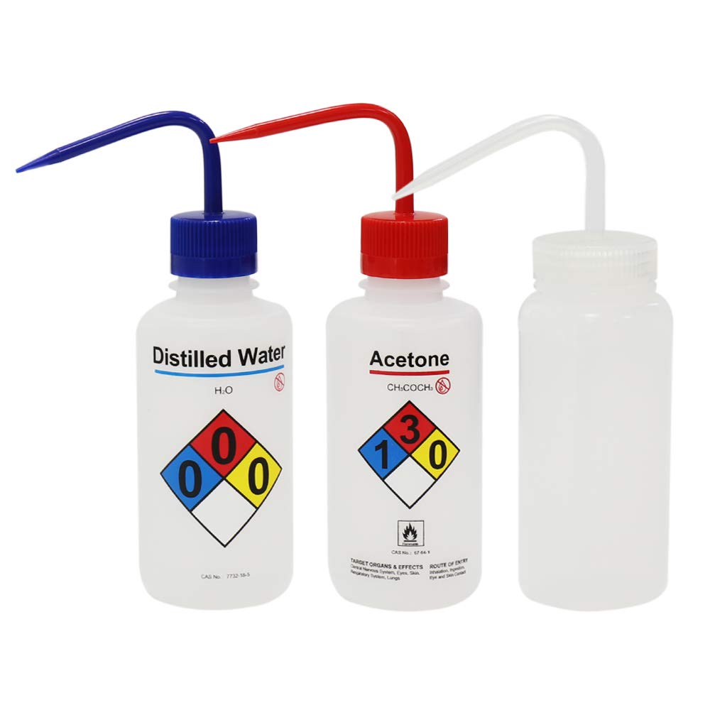 ULAB Scientific Wash Bottle set, 1 of each for Self-venting Safety Wash Bottles of Distilled water and Acetone, Vol.500ml, LDPE material, 1pc of general Wide-mouth wash bottle, LDPE material