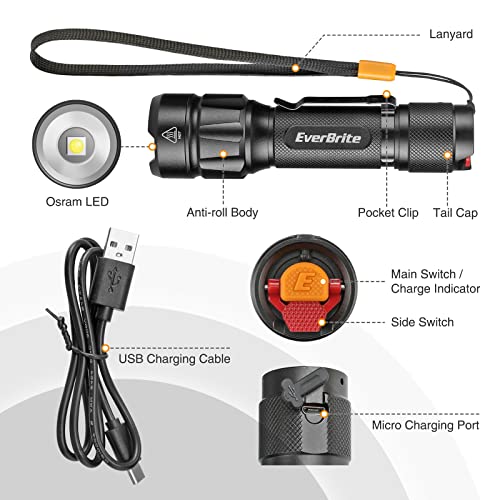 EverBrite LED Tactical Flashlight, Rechargeable Flashlight with Lanyard and Clip, 750 Lumens, IP44 Waterproof, 5 modes, Lightweight but Powerful Battery Life, for Camping Hiking, Emergency & EDC