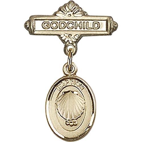 14kt Yellow Gold Baby Badge with Baptism Charm and Godchild Badge Pin 1 X 5/8 inches