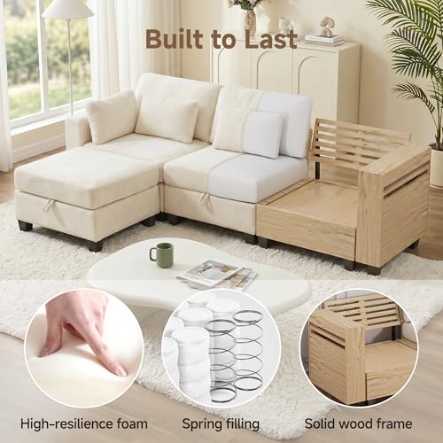 Real Relax 99.6'' Oversized Sectional Sofa, Modular 3 Seater L Shaped Comfy Cloud Couch with Storage Movable Ottoman and Thick Cushion for Apartment Living Room Bedroom, Beige, Chenille