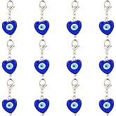 NBEADS 12 Pcs Evil Eye Lampwork Pendants, Blue Heart Shape Evil Eye Charms with Alloy Lobster Clasp Lucky Eye Clip on Pendant for Hanging Ornament DIY Jewelry Earring Necklace Craft Making