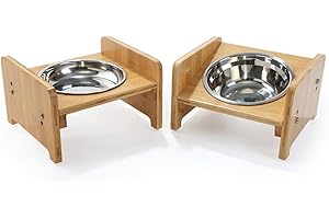 YY FOREYY FOREYY Set of 2 Raised Pet Bowls for Cats and Small Dogs - Bamboo Tilted Single Elevated Dog Cat Food and Water Bowls Stand Feeder with 3 Stainless Steel Bowls and Anti Slip Feet for Comfort Feeding