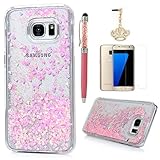 S7 Edge Case,Samsung Galaxy S7 Edge Case - Flowing Liquid Floating Bling Glitter Sparkle Pink Love Hearts Hard PC Cover Cute Creative Design with Stylus Pen Dust Plug HD Screen Protector by Badalink