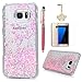 S7 Edge Case,Samsung Galaxy S7 Edge Case - Flowing Liquid Floating Bling Glitter Sparkle Pink Love Hearts Hard PC Cover Cute Creative Design with Stylus Pen Dust Plug HD Screen Protector by Badalink