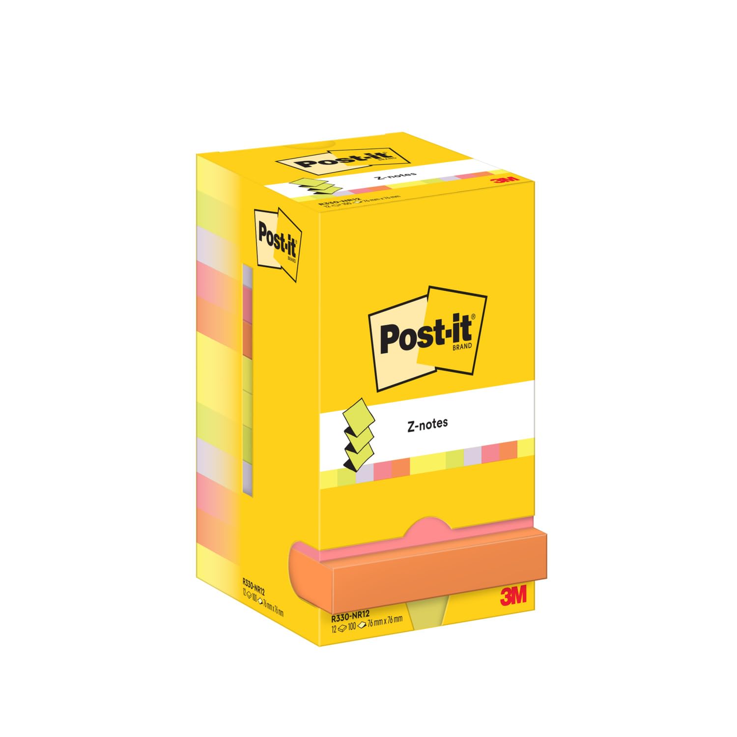 Post-it Z-Notes Assorted Neon Colours, Pack of 12 Pads, 100 Sheets per Pad, 76 mm x 76 mm - Self-Stick Notes for Note Taking, to Do Lists & Reminders