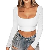 XXTAXN Women's Sexy Bodycon Fitted Square Neck Long Sleeve Basic T-Shirt Crop Top