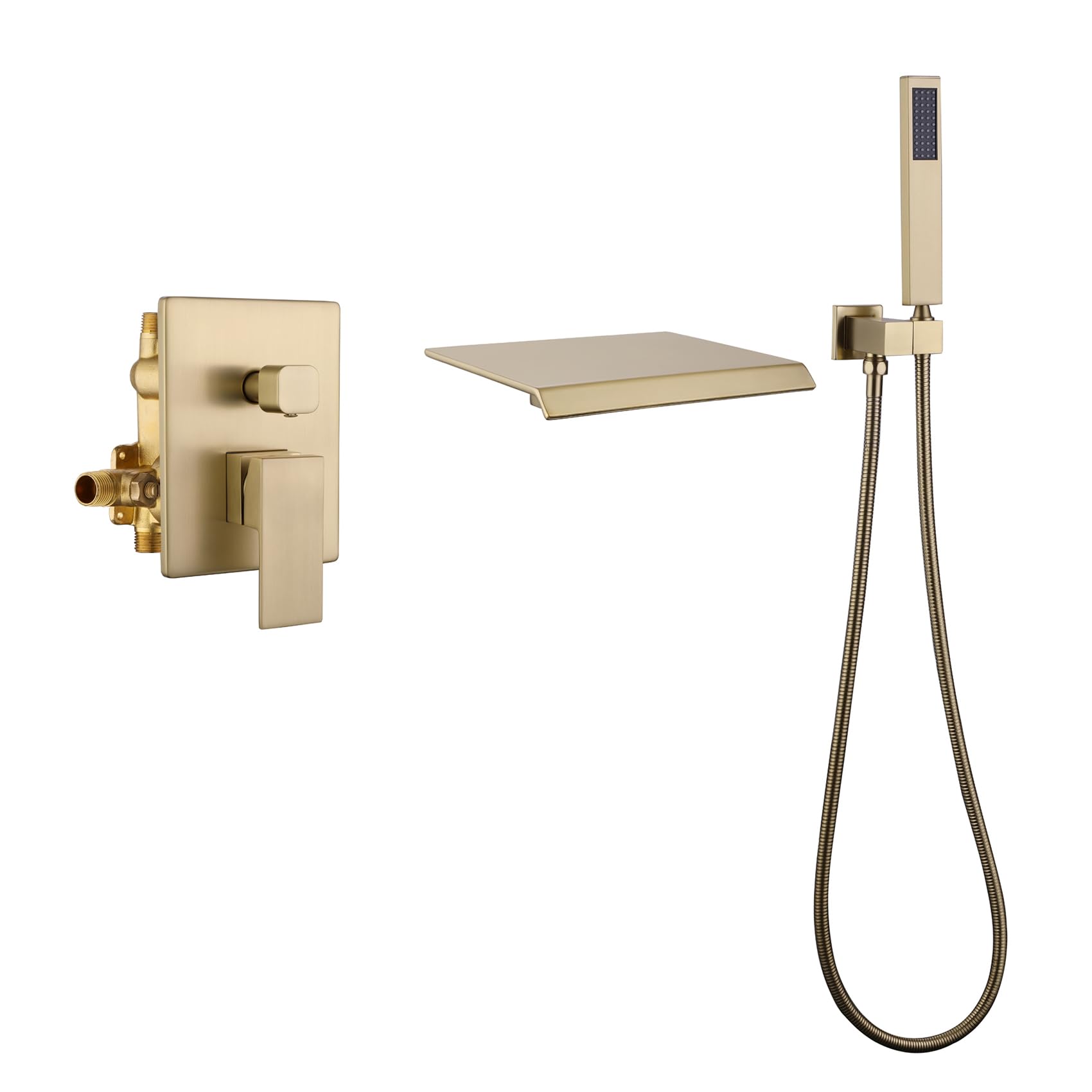 Photo 1 of TapLong Waterfall Bathtub Faucet Set with Sprayer, Single Handle Tub Filler with Hand Shower, 3 Holes Contemporary Wall Mount Roman Tub Faucet with Rough-in Valve and Trim Kit, Brushed Gold, 91266BG