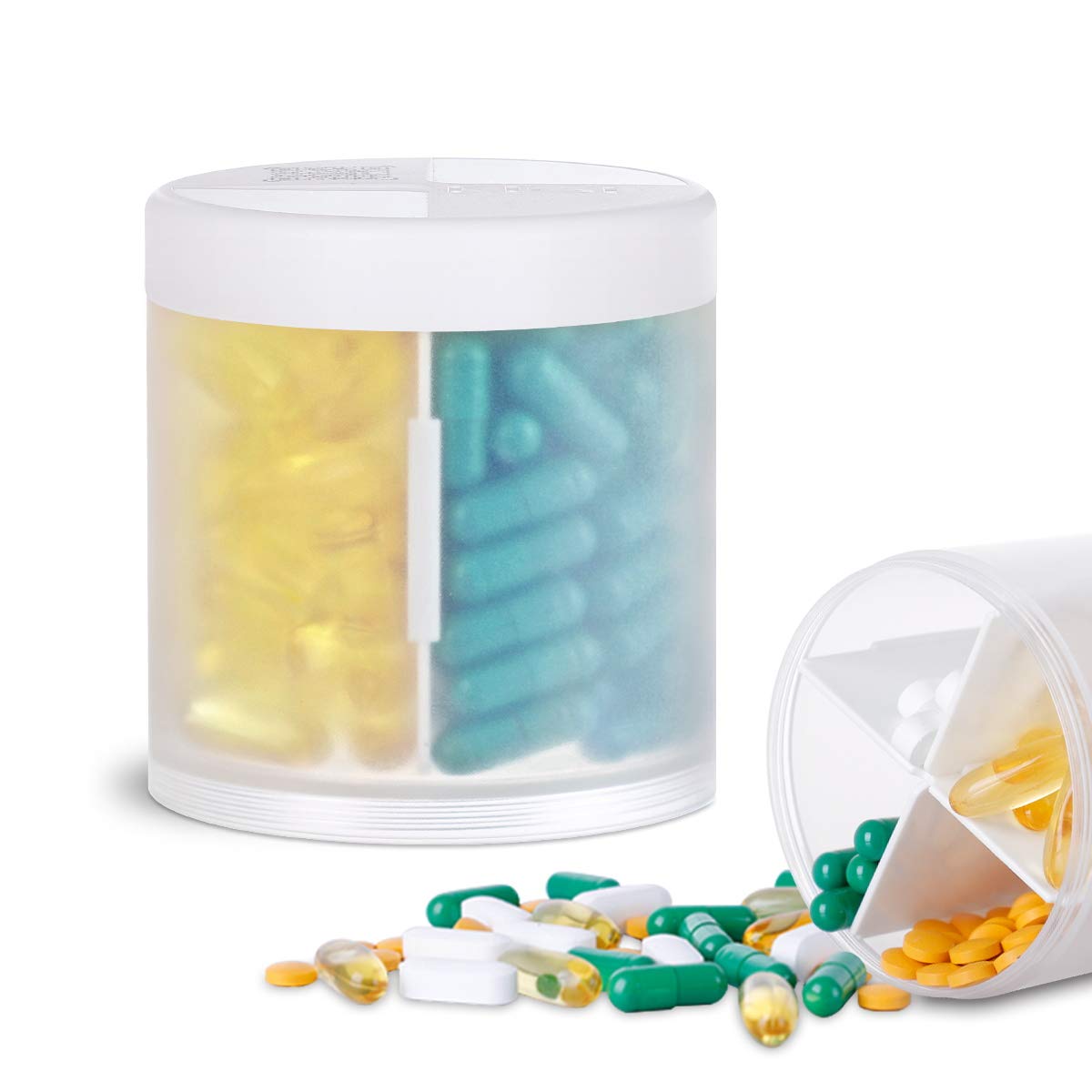 KIGI Weekly Monthly Pill Box Tablet Organizer Medicine Storage Box, 4 Compartments Portable Supplement Organiser Pill Holder, for Vitamin, Fish Oil, Trinkets, Rotate to Open (Transparent)