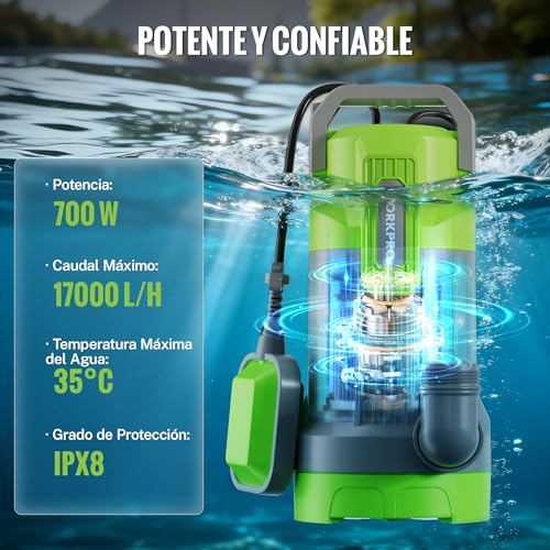 WORKPRO Submersible Dirty Water Pump 700 W, Water Pump with Float Switch, Maximum Flow Rate 17,000 L/h, Immersion Depth 7 m, for Basements, Pools and Garden Drainage