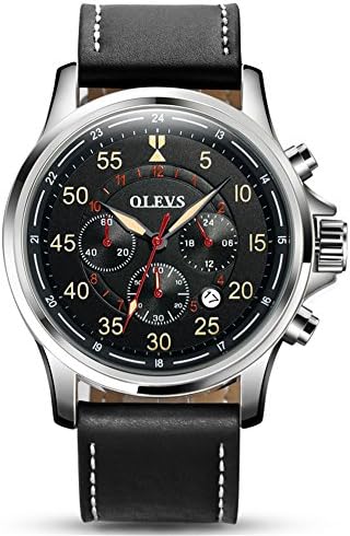 Men's Fashion Business Quartz Wristwatch Waterproof Chronographs Watches with Artificial Leather Strap Band OLVES, Silver Color