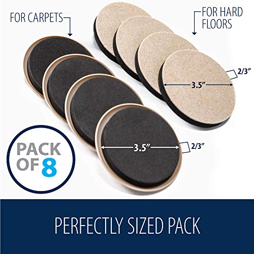 MIGHTY MONKEY Premium Furniture Sliders, 8 Pack, for Carpeted and Hard Floor Surfaces, Felt Furniture Coaster Pads, Gripper Sliders Protect Floors, Durable Foam Pad to Easily Move Couches, Sofa, Bed