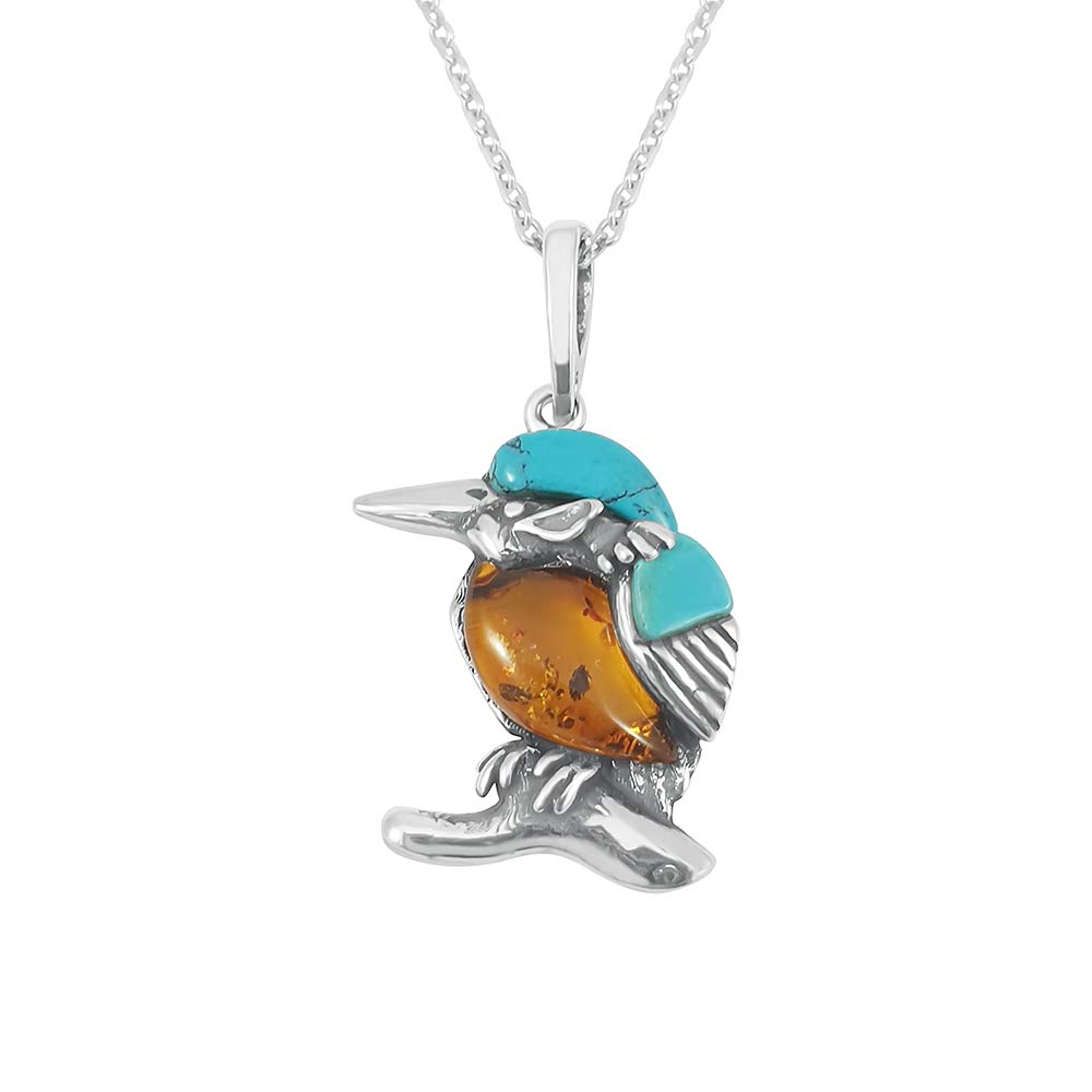 Kiara Jewellery Sterling Silver Multicolour Small Kingfisher Bird Pendant Necklace Inset With Baltic Amber And Turquoise on 18" Sterling Silver Trace Chain