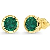 14K Gold Plated 925 Sterling Silver Hypoallergenic 5mm Round Bezel Set Genuine Birthstone Solitaire Screwback Stud Earrings