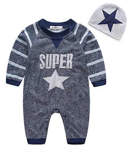 Beide Baby Boys Cotton Stiped Romper Long Sleeve Jumpsuit with Hat