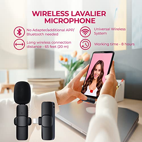 Wireless Lavalier Microphone for iPhone iPad, Plug Play Lapel Clip