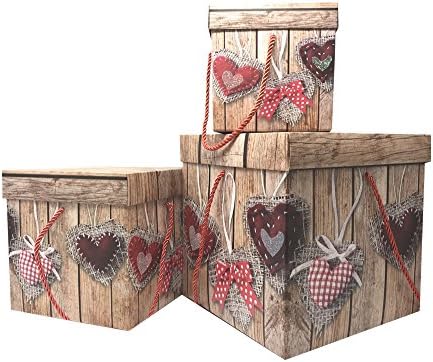 The Wrap It Elegant Decorative Themed Nesting Gift Storage Box Birthday Gift, Easy to Assemble and Reusable-No Glue Required, Large/Medium/Small, Set of 3 (Heart and Wood)