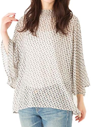 [スリーピングシープ] 透け感 が 可愛い 小さな ハート柄 が レトロ な雰囲気 フリル ネック フレア袖 シフォンブラウス ハイネック 半袖 シャツ フリル襟 ハートプリント ネイビー ベージュ M L XL