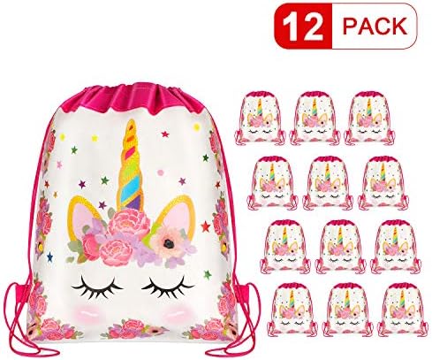 Keaparty Unicorn Party Favor Bags, Unicorn Drawstring Bags, Unicorn Bags for Girls, Unicorn Candy Bags, 12 Pack