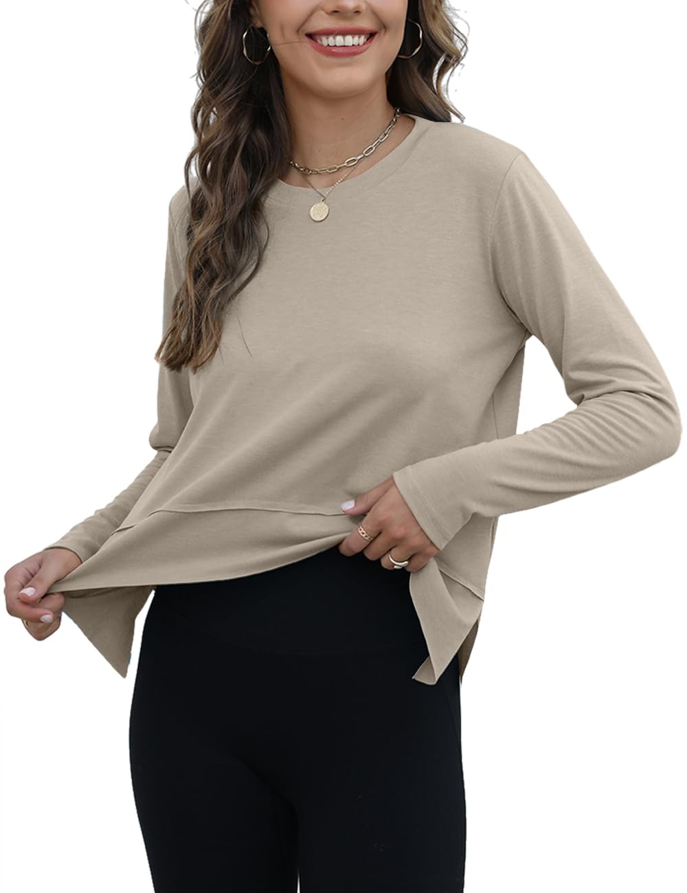 Photo 1 of ***2 PACK***Allimy Womens Long Sleeve Shirts Fall Fashion 2025 Basic Crop Tops Going Out Workout Outfits Y2k Clothes High Low Crop Tees Tops Khaki L