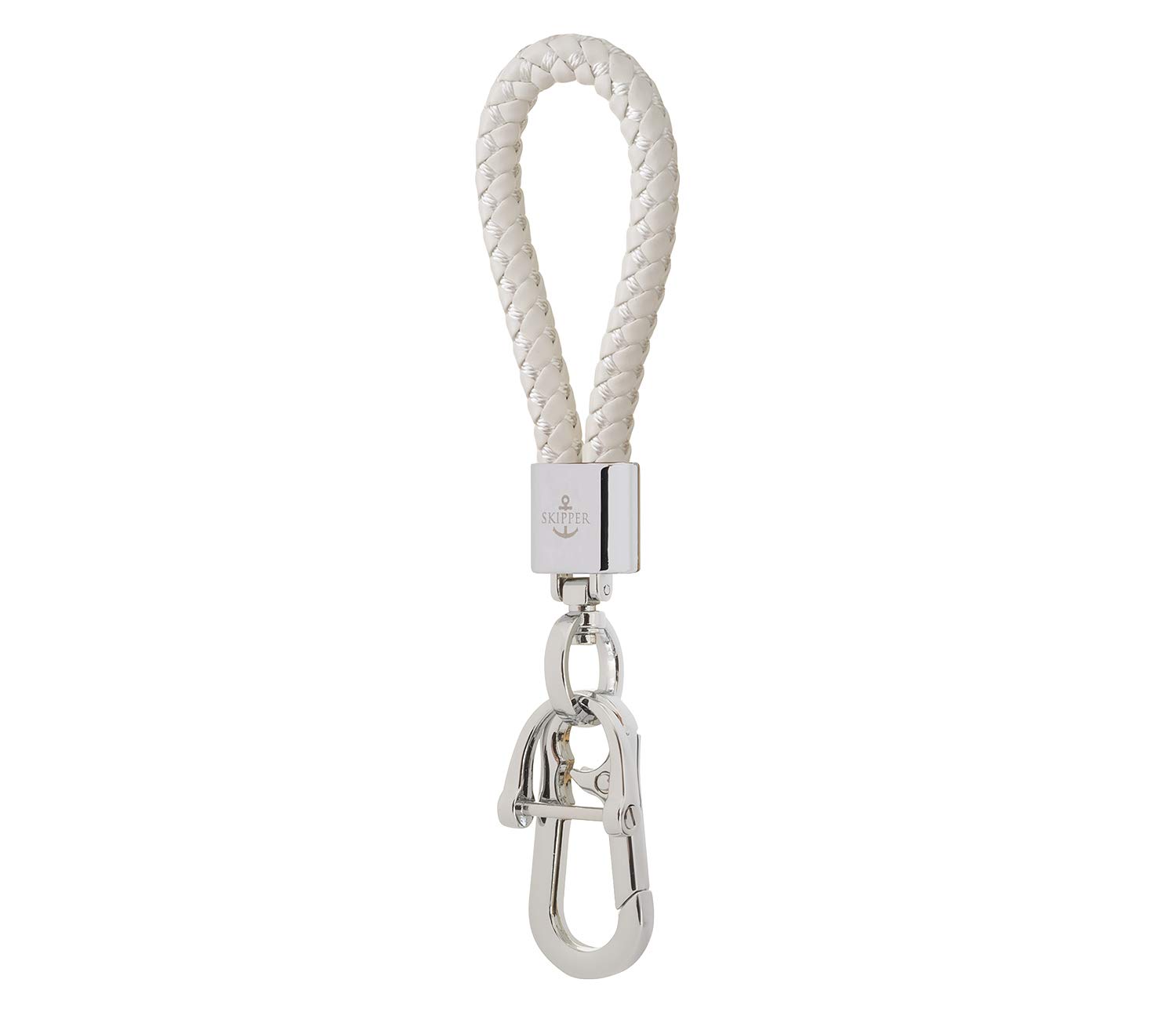 Skipper 8611 Braided Faux Leather Keyring in Many Colours and Stainless Steel Silver with Ring and Carabiner, White, One Size