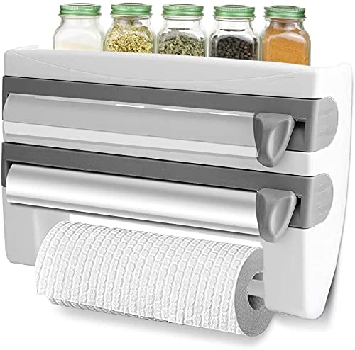 Cling Film Dispenser and Cutter, Kitchen Foil Dispenser Kitchen Sauce Bottle Storage Rack Paper Towel Holder Mount Kitchen Tool Cling Film Cut Grey