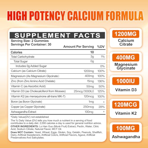 Calcium 1200 mg with Vitamin D3 Gummies for Adults - Calcium Citrate with Vitamin D3 K2, Magnesium, Zinc, Boron, Copper and Ashwagandha - Extra Absorption Calcium Supplement for Women Men