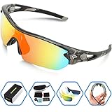 Torege Polarized Sports Sunglasses With 5 Interchangeable Lenes for Men Women Cycling Running Driving Fishing Golf Baseball Glasses TR002 (Transparent Gray&Rainbow lens)