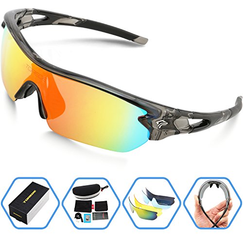 Torege Polarized Sports Sunglasses With 5 Interchangeable Lenes for Men Women Cycling Running Driving Fishing Golf Baseball Glasses TR002 (Transparent Gray&Rainbow lens)