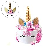 Unicorn Cake Topper set. Handmade with Gold Unicorn Horn, Ears, flowers and Eyelashes. Unicorn Party Decoration for Birthday Party, Baby Shower and Wedding.