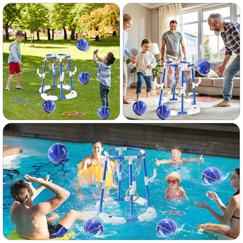 Pool Basketball Hoop,2-in-1 Floating Basketball Pool Games with 4 Balls/12 Rings/Pump,Swimmming Pool Toys for Kids Adults Age 3-12,Summer Family Party Indoor Outdoor Water Play Toys,Blue