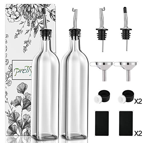 PrettyCare Olive Oil and Vinegar Dispenser Bottles 17oz (2 Pack with Extra Lids, Labels and Funnel) 500ml Drip-Free Bottle with Stainless Steel Spout, Flip Top Pourer Set (Clear)