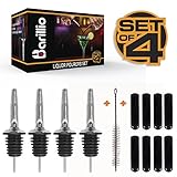 Elite Liquor Pourers (4pcs) + Long Dust Caps (8pcs) + Cleaning Brush by BARILLIO - Premium Set of Free Flow High Grade Stainless Steel Bottle Pour Spouts & Plastic Covers (4+8)
