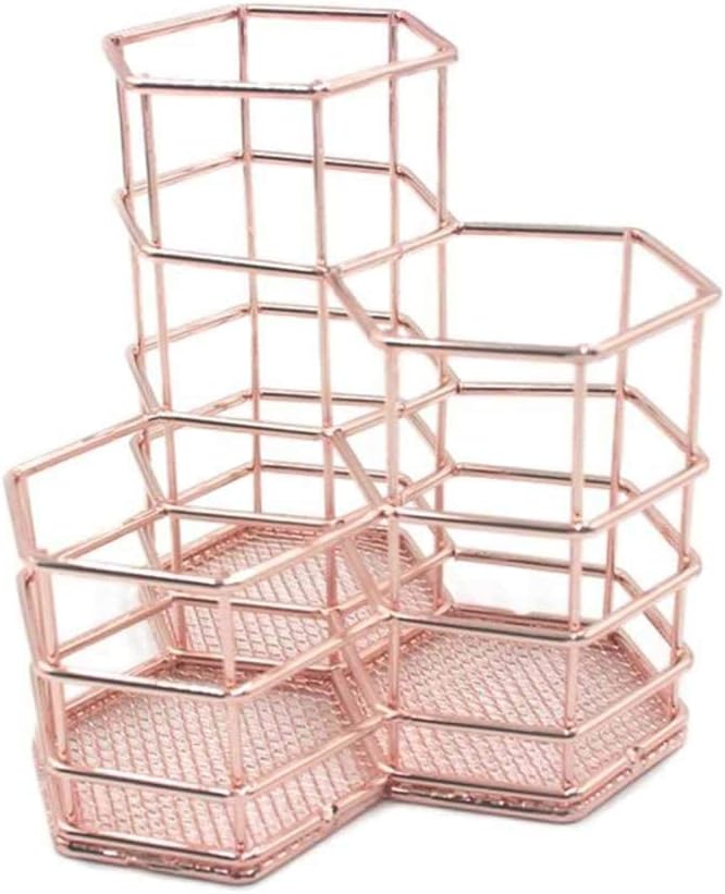 Pen Cup Holder for Desk Rose Gold, LEEGOAL Hexagon Metal Makeup Brush Organizer Stationery Storage Container Pencil Marker Gel Pen Holder Basket for Office Home School Classroom (Rose Gold)