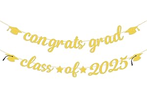 PHOTKEN Congrats Grad Class of 2025 Banner Decorations - Pre-Strung Hanging Glitter Graduation Banner with Cap Garland Sign Bunting for Backdrop, College High School Grad Party Supplies for Wall Decor (Gold)