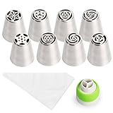 Russian Piping Tips - 8 Tools Set, 12 Bags, Coupler - TOP QUALITY - Icing Nozzles - For Cakes or Cupcakes Decoration - Make Flowers and Leaves