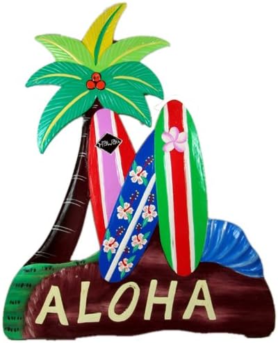 Alii of Hawaii Painted Wooden Surfboards with Palm Tree Wall Plaque - Aloha