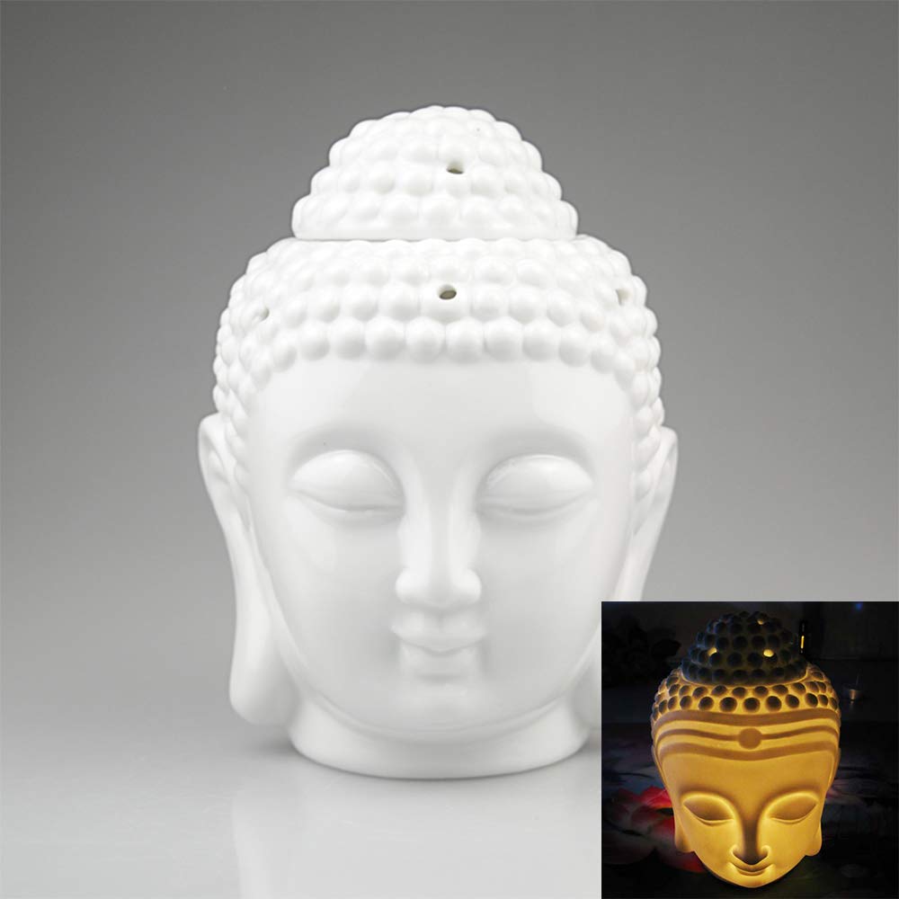 EVERGD Ceramic Buddha Head Statue Hollow Aromatherapy Furnace Oil Burner for Yoga or Meditation Room 5.9X3.93(IN) (White)