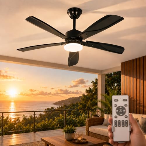 Homefire Ceiling Fan with Silent Lighting – Dimmable LED 23 W Black Ceiling Lamp with Fan and Remote Control 125 cm 6 – Timer for Bedroom Kitchen