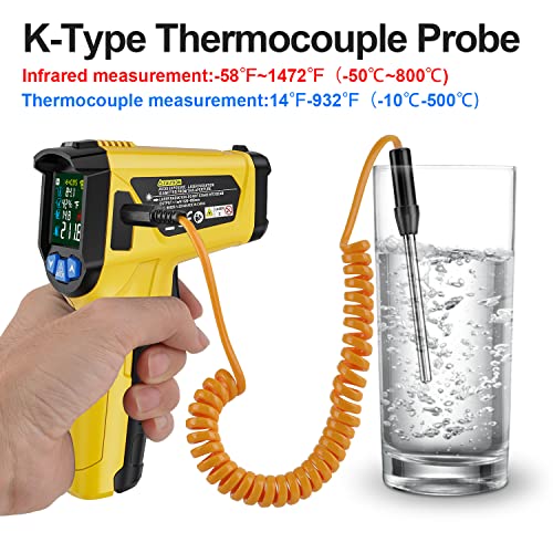 Infrarot Thermometer Laser MESTEK Temperaturmessgerät mit K-Sonde IR Pyrometer -50°C bis 800°C Berührungslos Farbe LCD Alarmfunktion Einstellbarer Emissionsgrad für Küche thumbnail 2