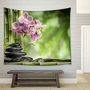 Zen Basalt Stones,Orchid and Bamboo - Fabric Wall Tapestry Home Decor - 51x60 inches
