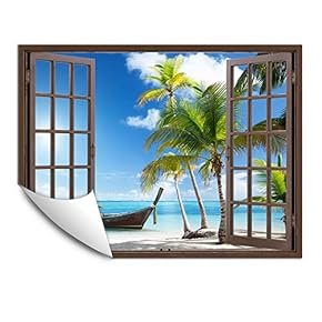Wall Murals for Bedroom Fake Window Beach Brown Window Removable Wallpaper Peel and Stick Wall Stickers - 24x32 inches